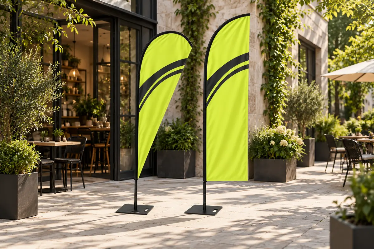 Limettengrüne Y-DROP- und Y-KNIFE-Beachflags auf schwarzen Standfüßen vor einem Café